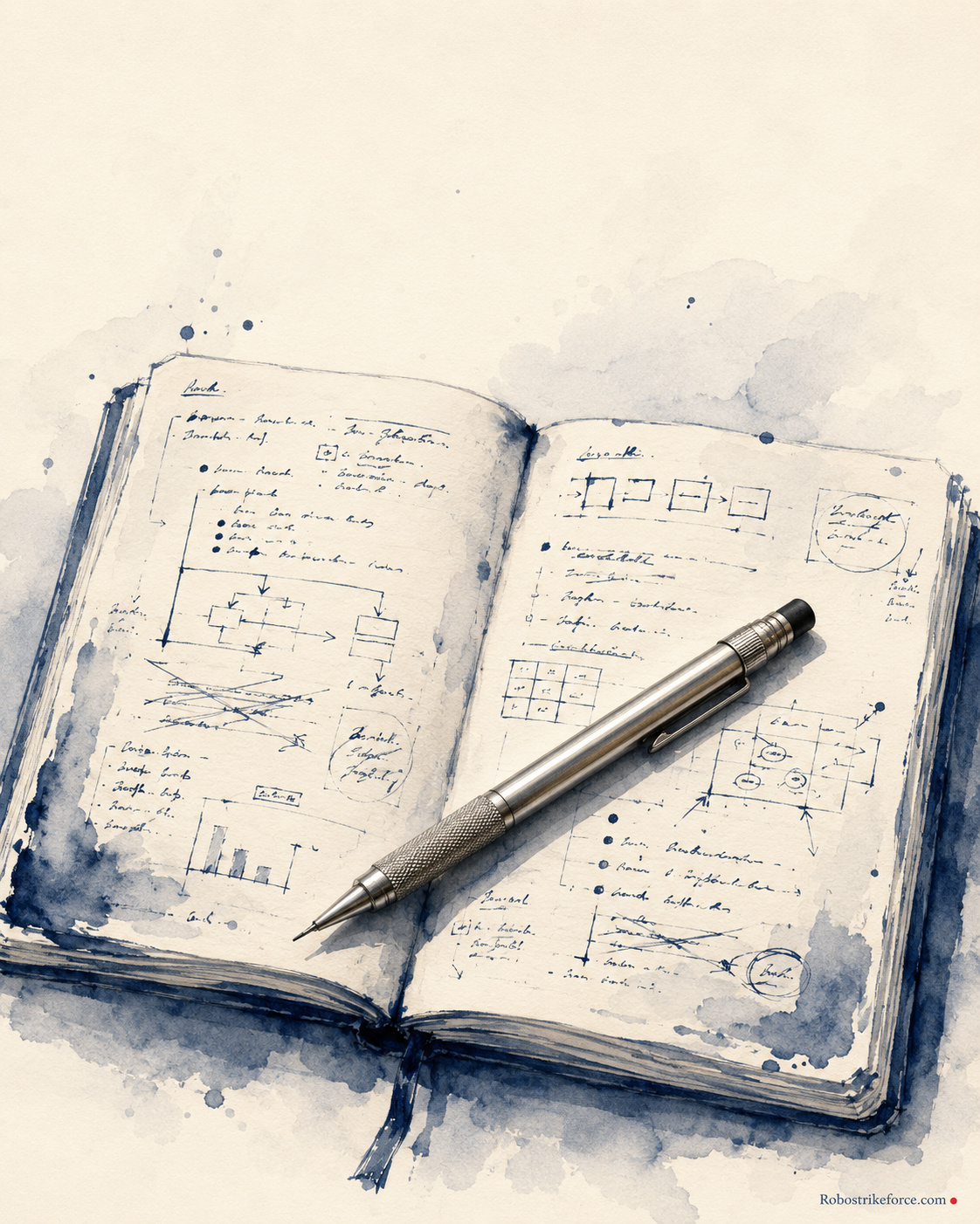 Watercolor illustration: an open notebook filled with hand-drawn diagrams and flowcharts, a brushed metal mechanical pencil resting across the page — the AI founder's working notebook