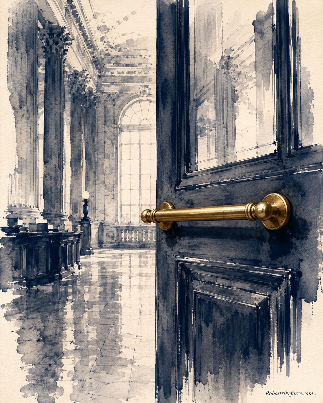 Watercolor illustration: a half-open door to a banking hall with marble columns, brass handle catching light — symbolizing access to Malaysian banking