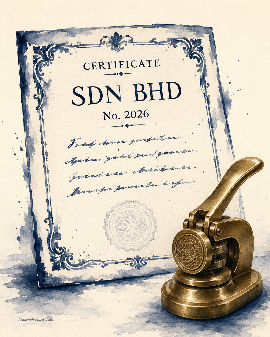 Watercolor illustration: a propped Sdn Bhd incorporation certificate with ornamental border, beside a substantial brass embosser — the destination of the foreign founder's incorporation journey
