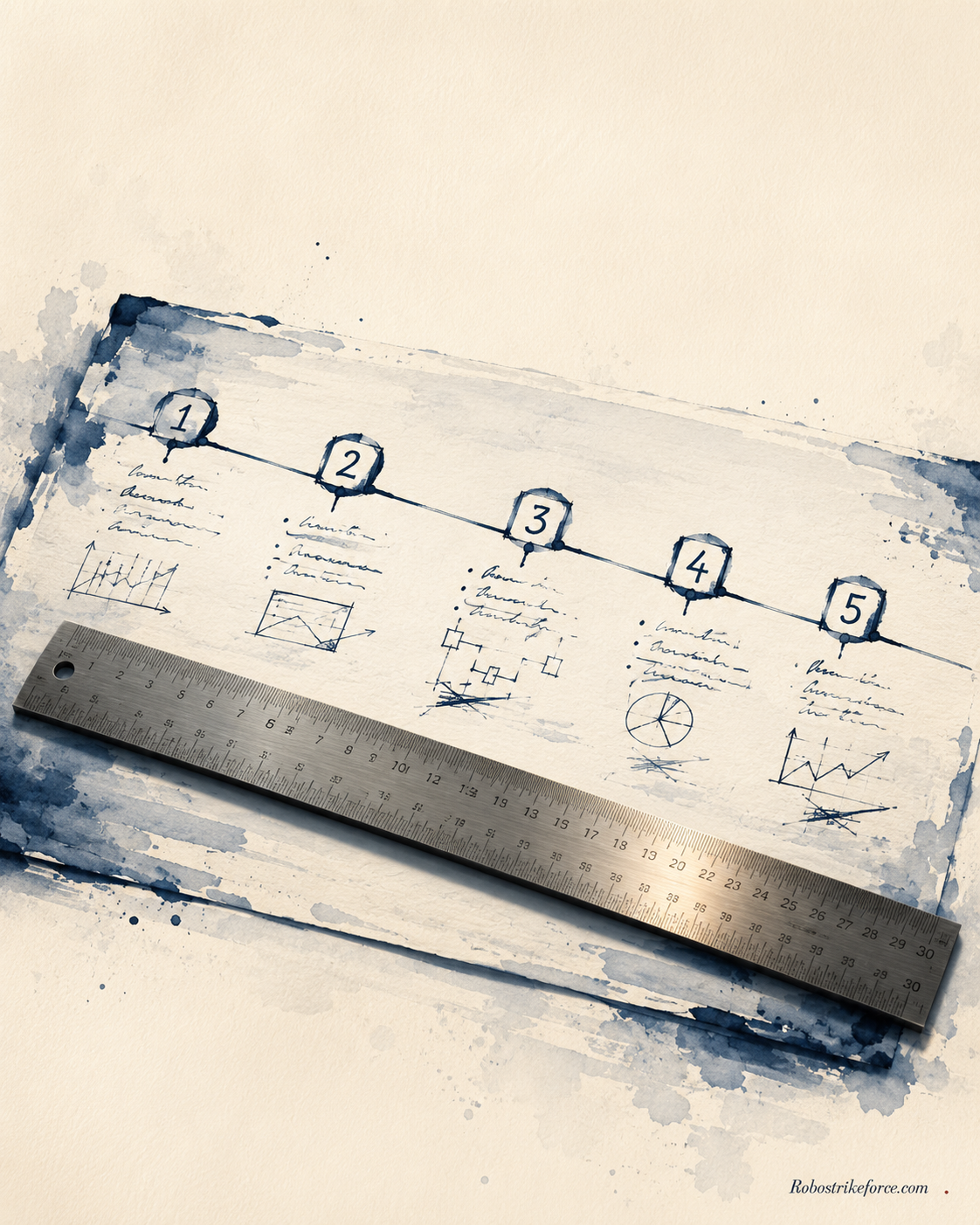 Watercolor illustration: a five-phase incorporation timeline hand-drawn on paper with diagrams under each milestone, a stainless steel ruler resting diagonally — the AI founder's incorporation playbook