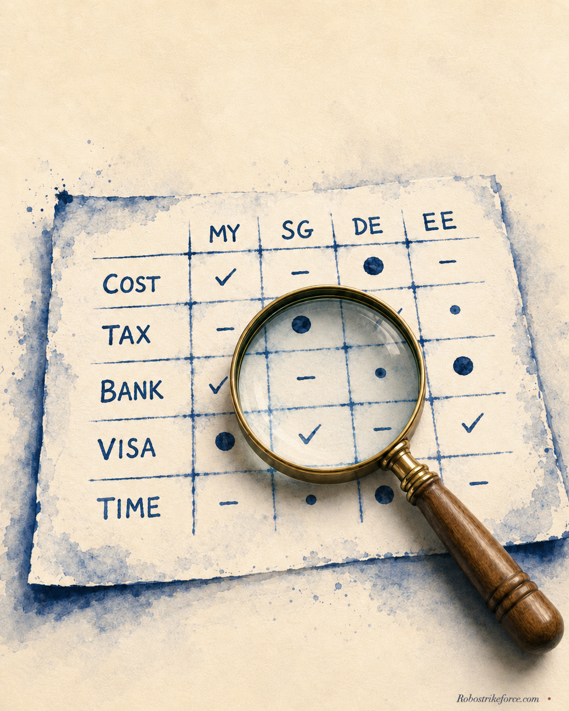 Watercolor illustration: a comparison matrix on paper with five evaluation criteria across four jurisdictions (MY, SG, DE, EE), a brass-rimmed magnifying glass with real lens distortion — the jurisdiction decision matrix