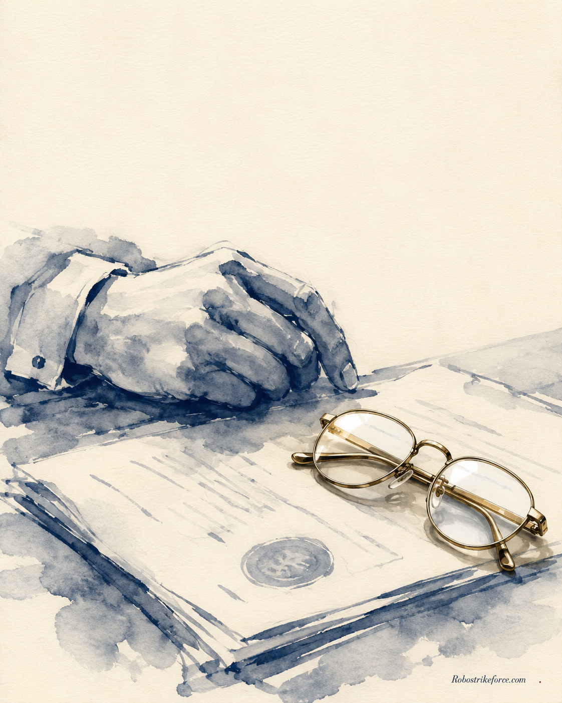 Watercolor illustration: a hand at rest on an official document, with folded brass reading glasses placed beside it — symbolizing careful review before signing