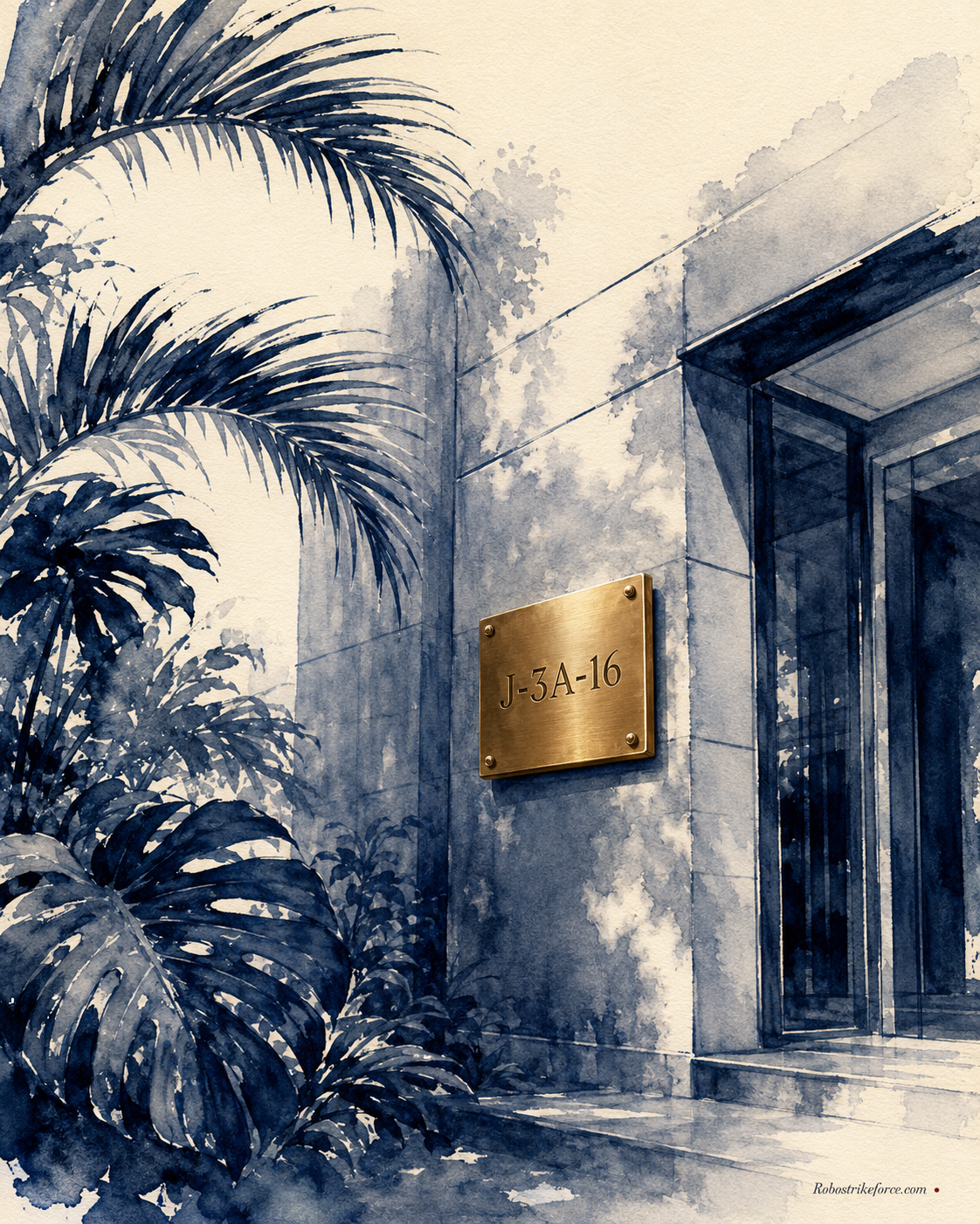 Watercolor illustration: a modern Malaysian building entrance framed by tropical foliage, brass nameplate engraved 'J-3A-16' — the registered office address
