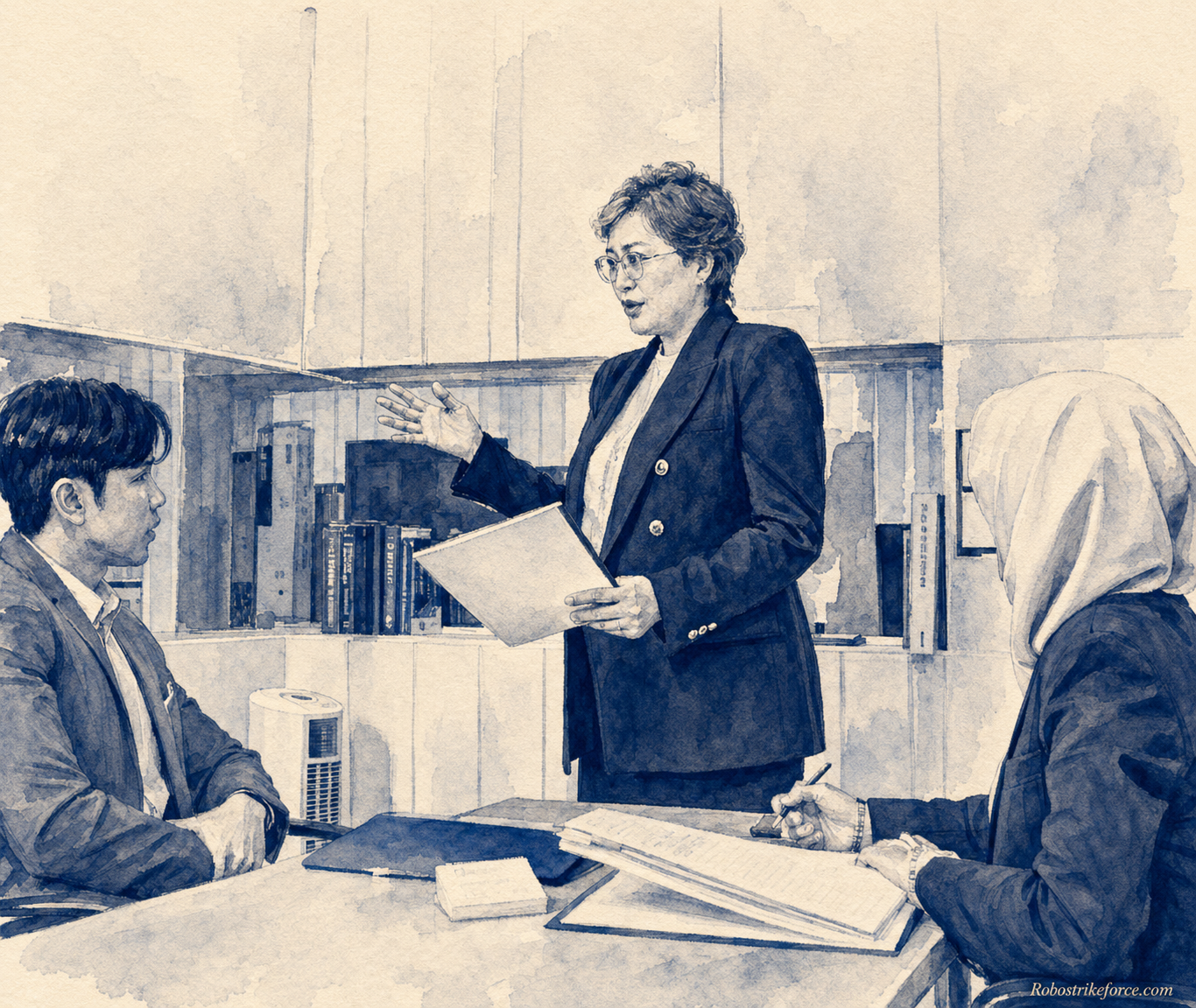Watercolor illustration of a senior secretary leading a client briefing at our Mont Kiara office