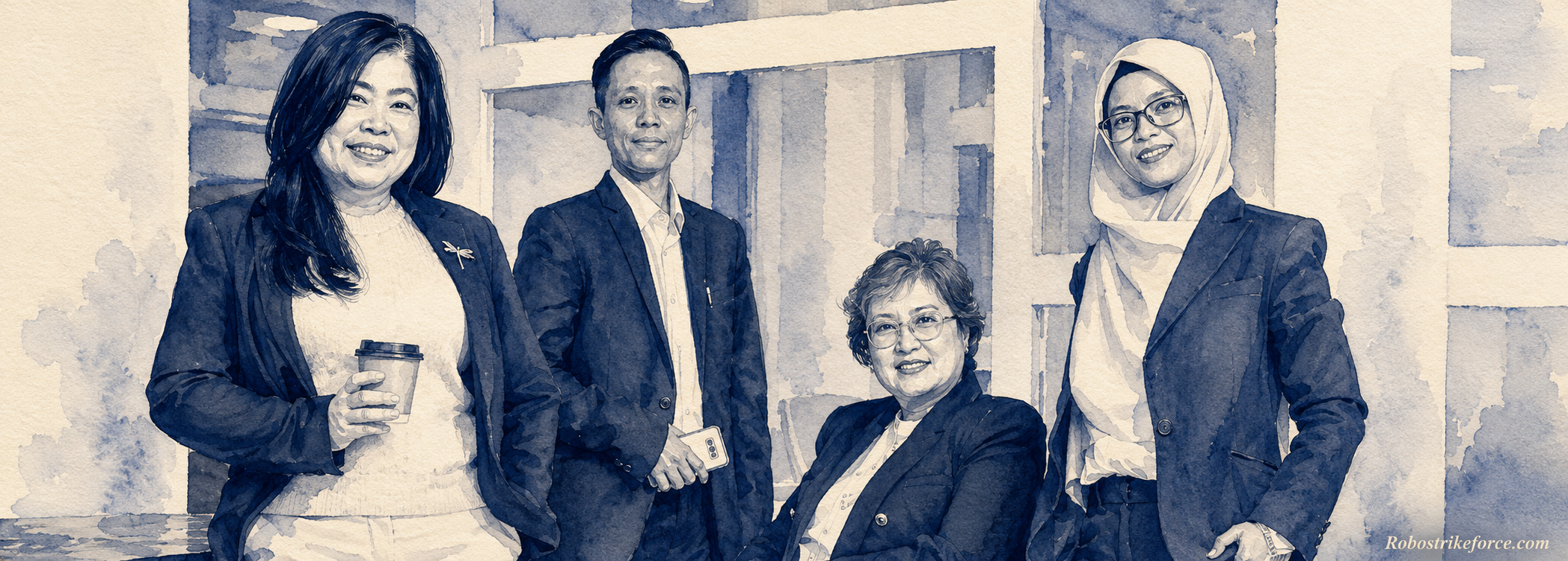 Watercolor illustration of the AK Secretarial team at our Mont Kiara office, Kuala Lumpur